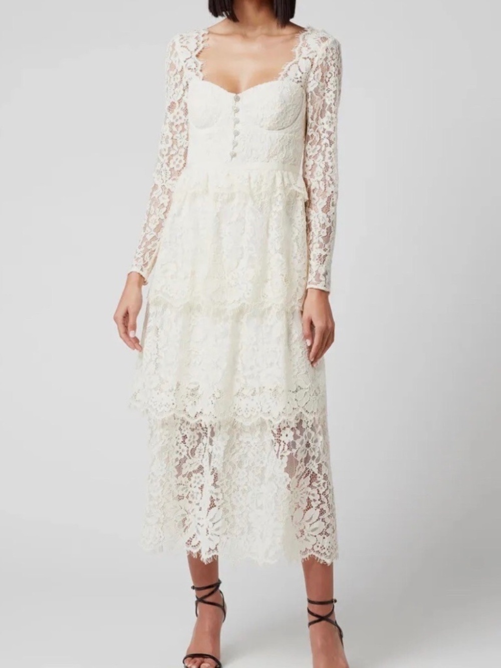 Self-Portrait ivory fine corded lace tiered midi dress